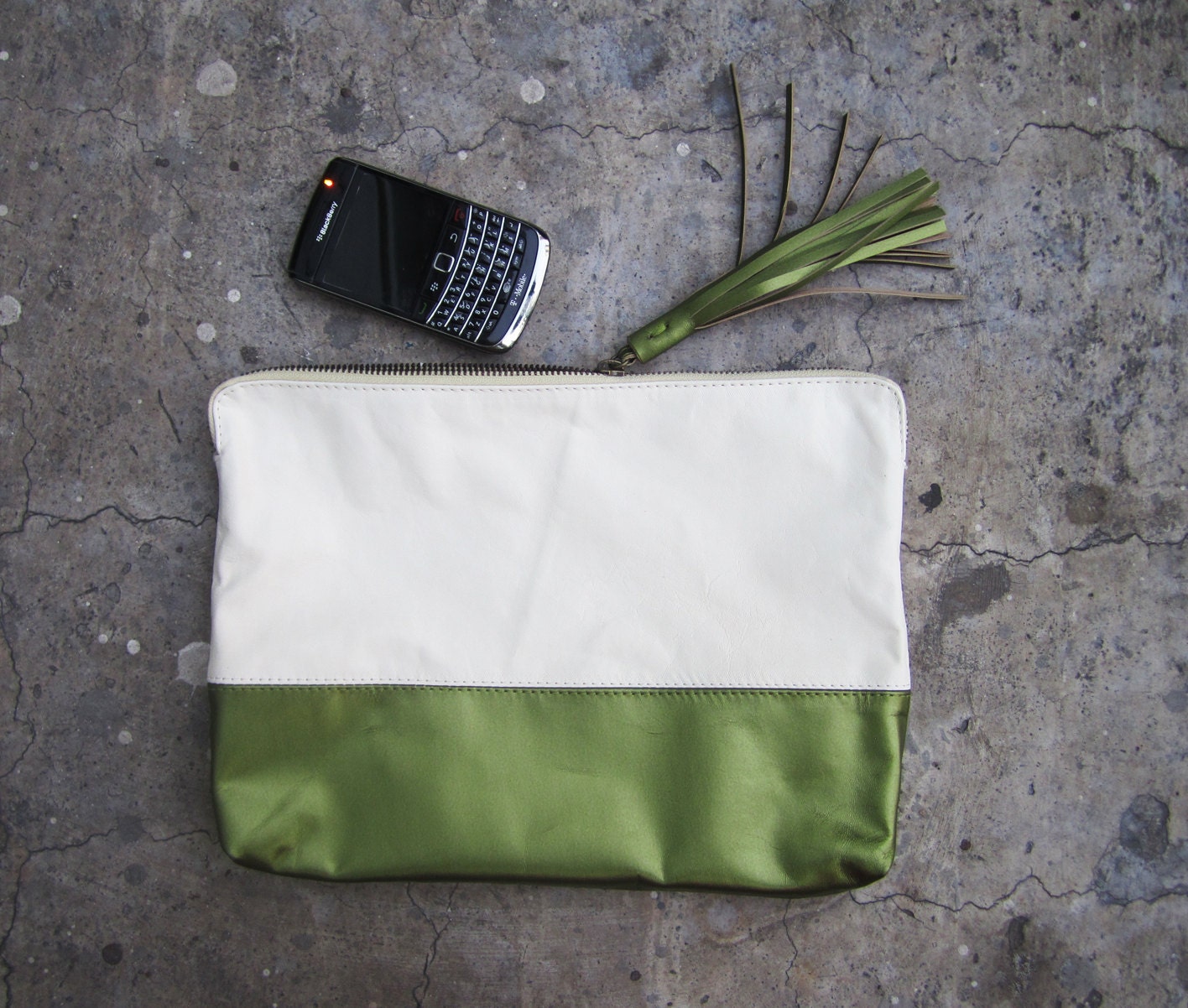TWO TONE - White Cream and Green Metallic Color Block Zipper Pouch Leather Clutch