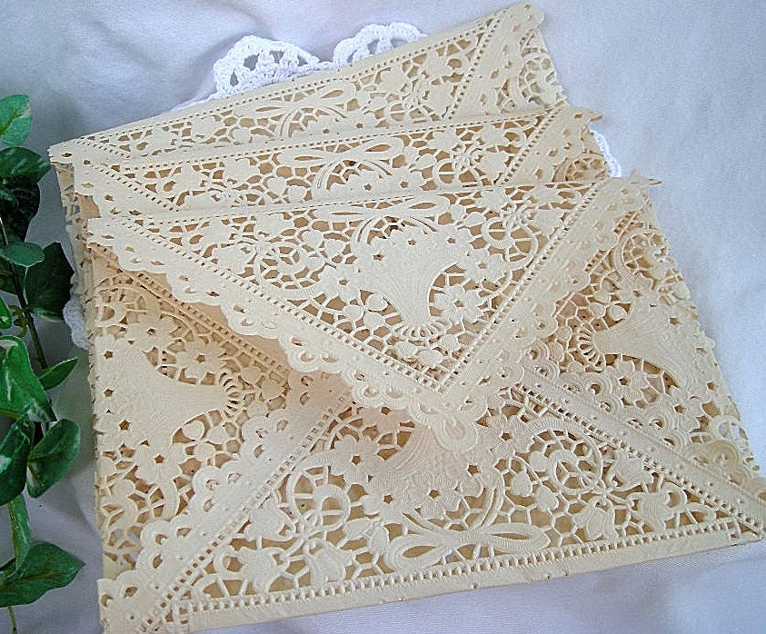 Doily Lace Envelopes, Handmade, Tea Stained, Vintage Inspired, Shabby Chic Wedding Invitaion Liners, A7 Size 10 Piece Set