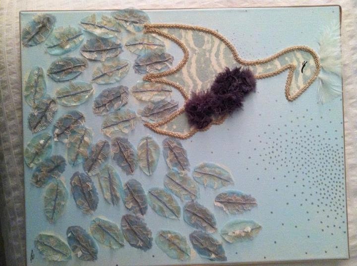 Mixed media cool colored peacock