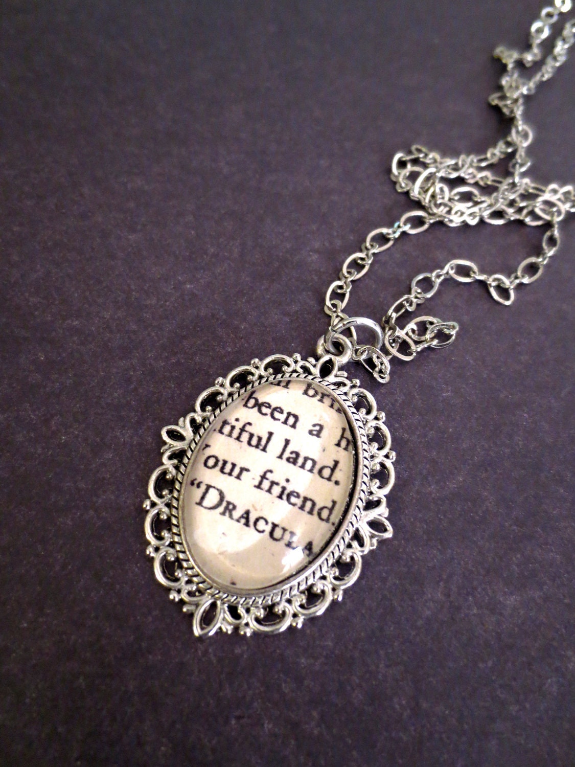 Dracula Bram Stoker Antiqued Silver Victorian Literature Book Page Necklace