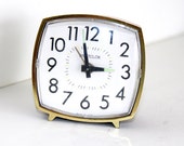 Wind Up Alarm Clock - Square Westclox Clock Mechanical - Vintage Retro - Made in USA - Gold Wood - LadyLyBoutique