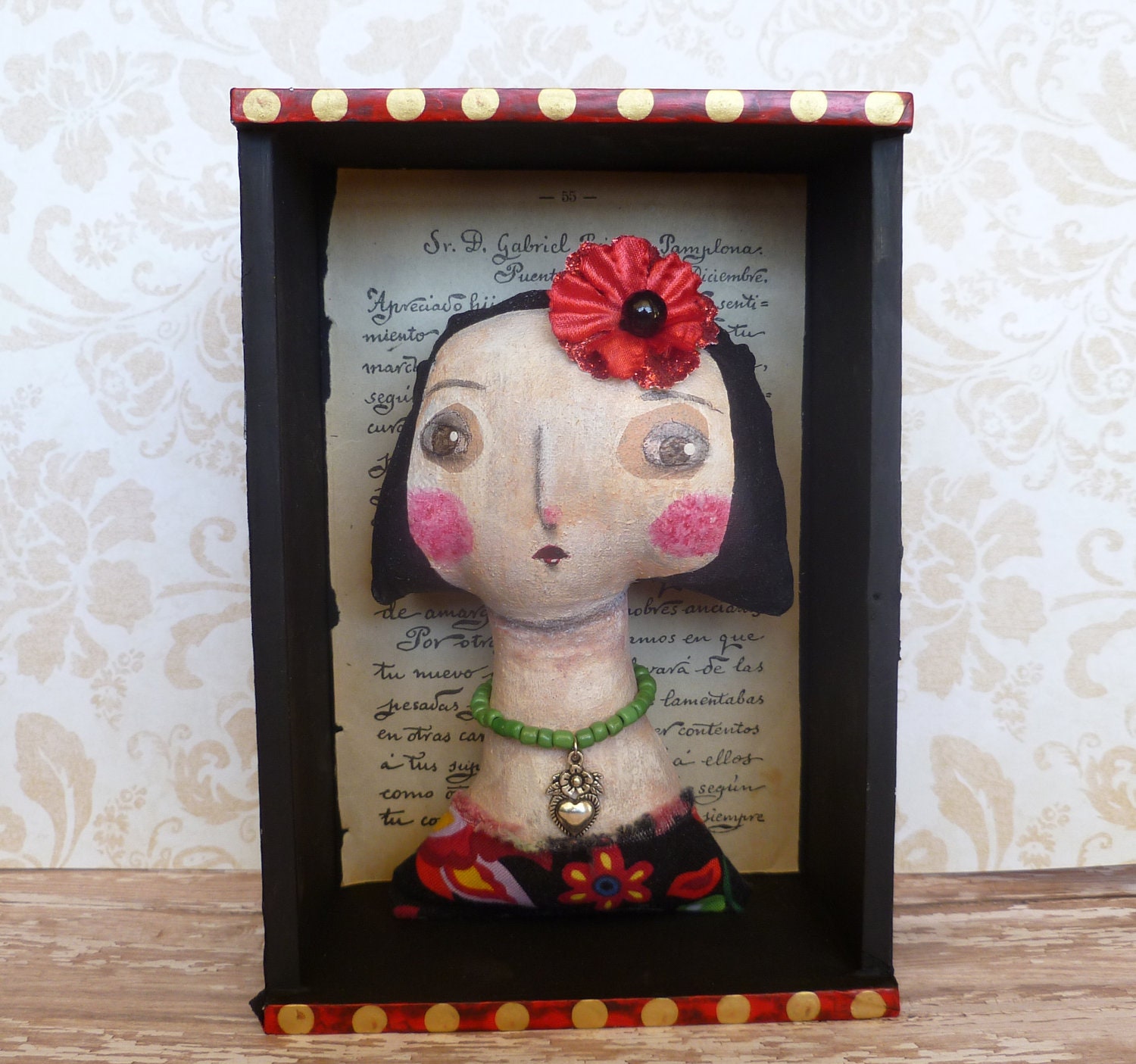 Shadow box with painted doll upcycled cigar box collage, mixed media acrylic painting home decor beads charm necklace silk flower