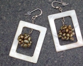 OF THE SEA - Large Rectangle Cream Shell Frame with Bronze Freshwater Pearl Ball - Dangle Earrings. wedding jewelry
