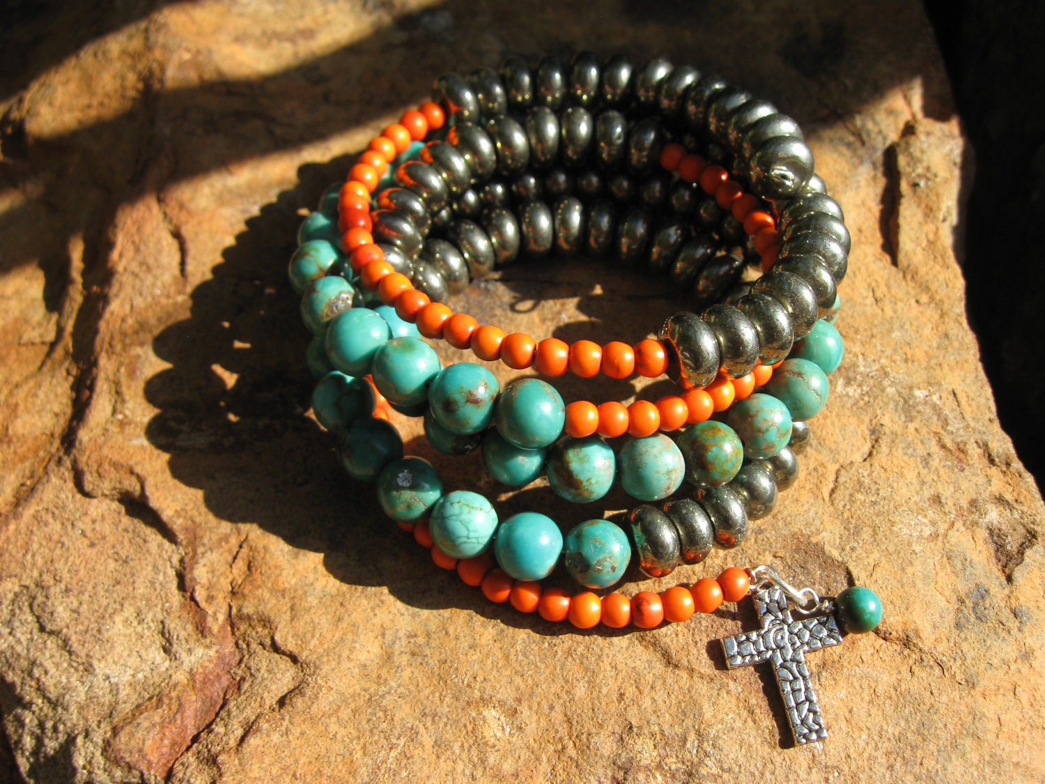 African Turquoise and Pyrite Memory Wire Wrap Bracelet