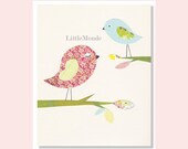 NURSERY ART PRINT Decor Personalized 8x10" Nursery Print, Baby Girl Room Decor, Little Birds, Flowers, Rose Pink Beige