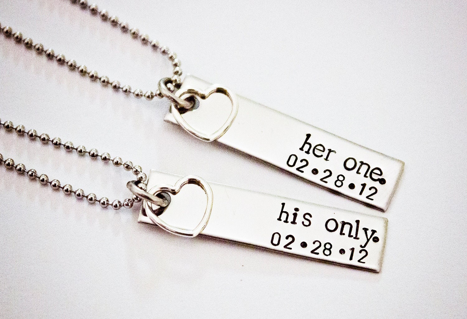 Her One, His Only - The Original - WITH DATE - Couples Jewelry - Hand Stamped Stainless Steel Necklace Set - Sterling Silver Heart Charm