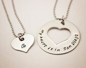 My heart is in San Diego - Long Distance Relationship Necklace Set - Hand Stamped Stainless Steel - Great for Deployments