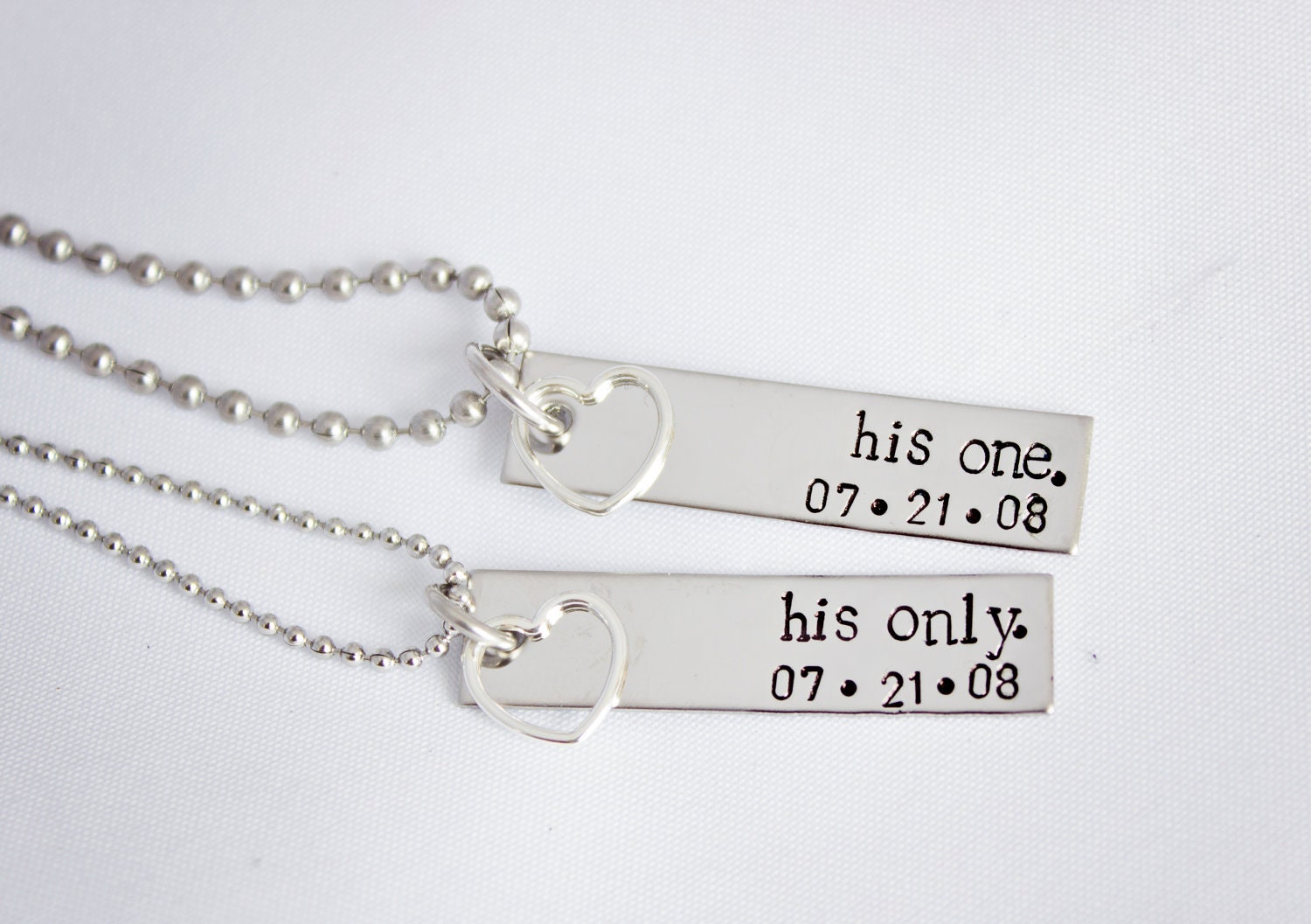 His One, His Only - The Original - WITH DATE - Gay Couples Jewelry - Hand Stamped Stainless Steel LGBT Necklace Set - Sterling Heart Charm