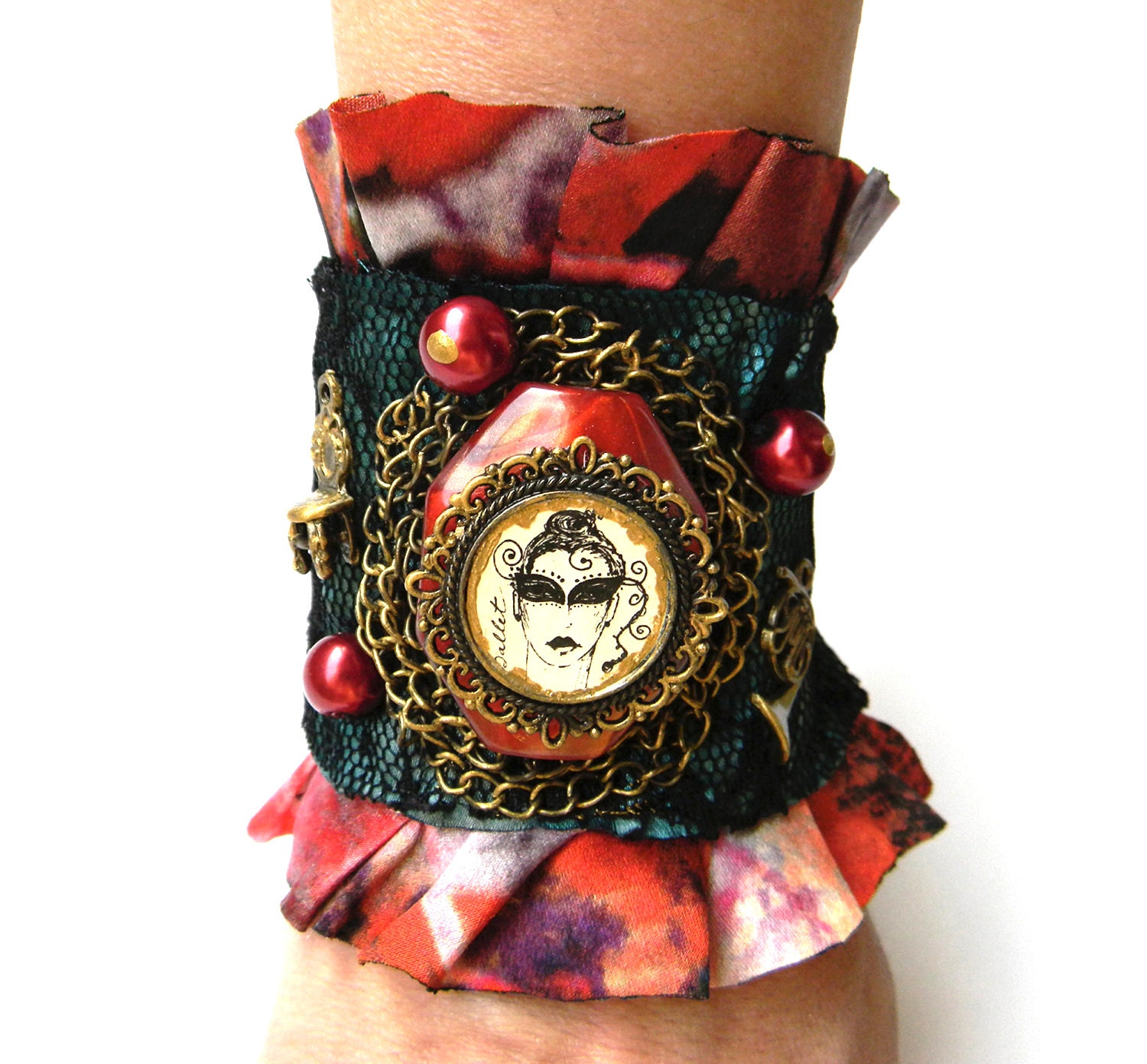 Gothic cuff, women accessories, drama, lace, ruffles, frills, mask, carnival,  red and black, burleasque, vampire, Lolita, steampunk cuff