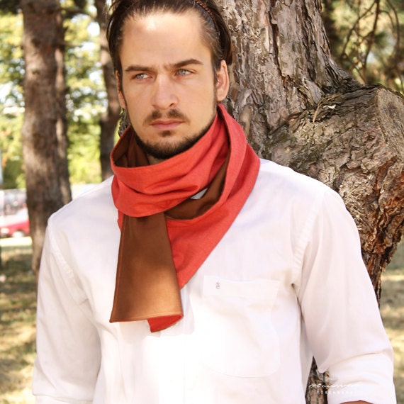 Logn Linen Scarf for Men - extra SOFT - Reversible Red Cotton and Brown Linen Mens Scarf - gifts for him