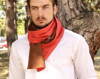 Logn Linen Scarf for Men - extra SOFT - Reversible Red Cotton and Brown Linen Mens Scarf - gifts for him