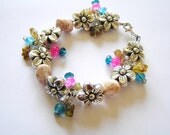 Whimsical Metalized Flower Beaded Charm Bracelet