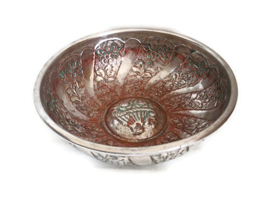 Worldly BOWL vintage copper tin Embossed flower, Turkish BATH HOUSE, patina verdigris, Floral repousse. Home decor, Bathroom vanity holder