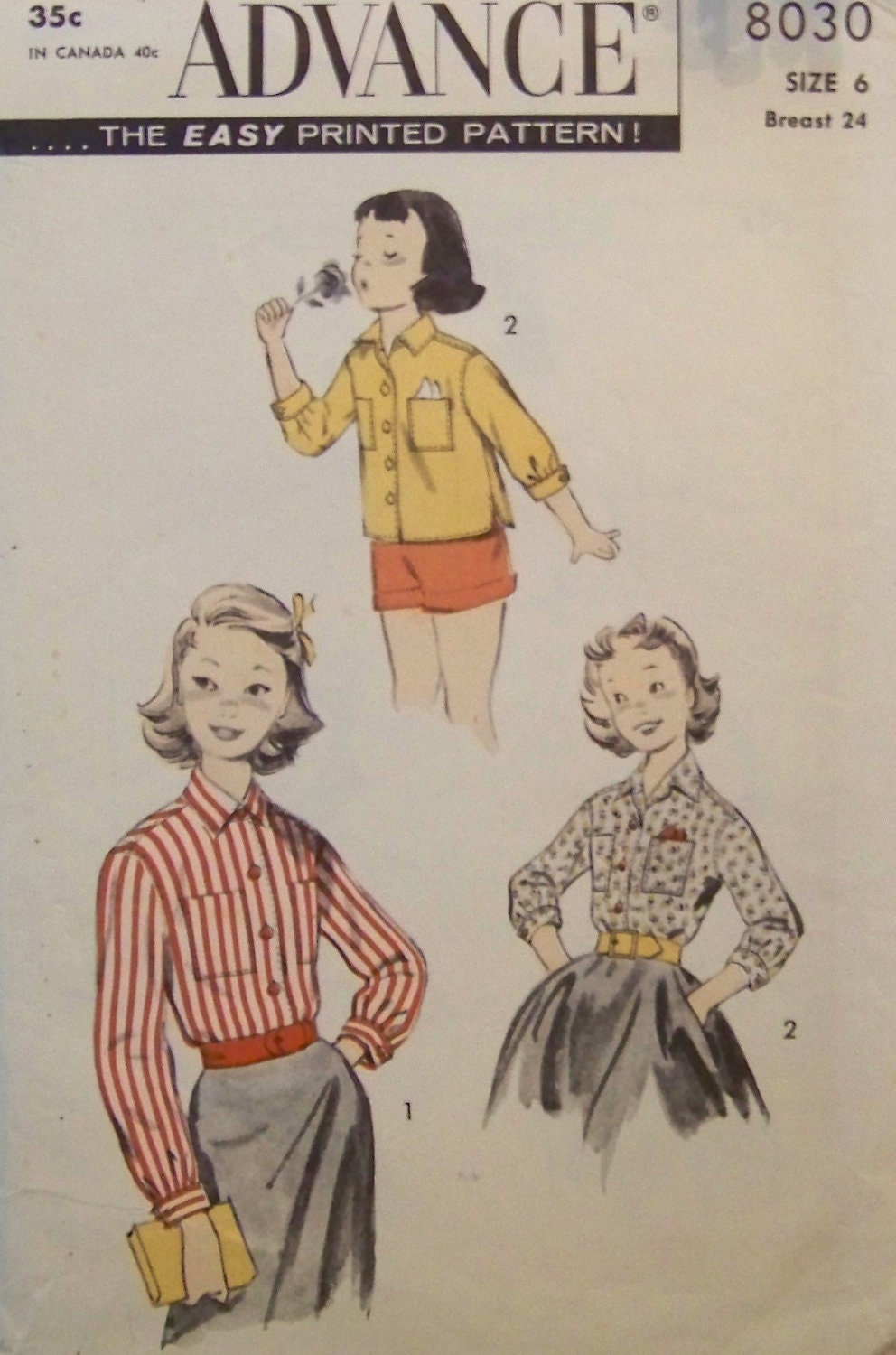 Vintage 1950's Advance 8030 Pattern for Girls' Shirt Blouse in Size 6