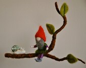 Children Mobile Waldorf inspired needle felted : Gnome and snail in a branch
