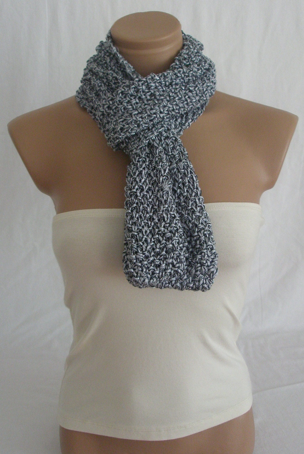 Knitted Silver Gray and Black Elegant Strechy Scarf by Arzu's Style