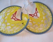 OOAK crocheted hoop earring grey, yellow, orange