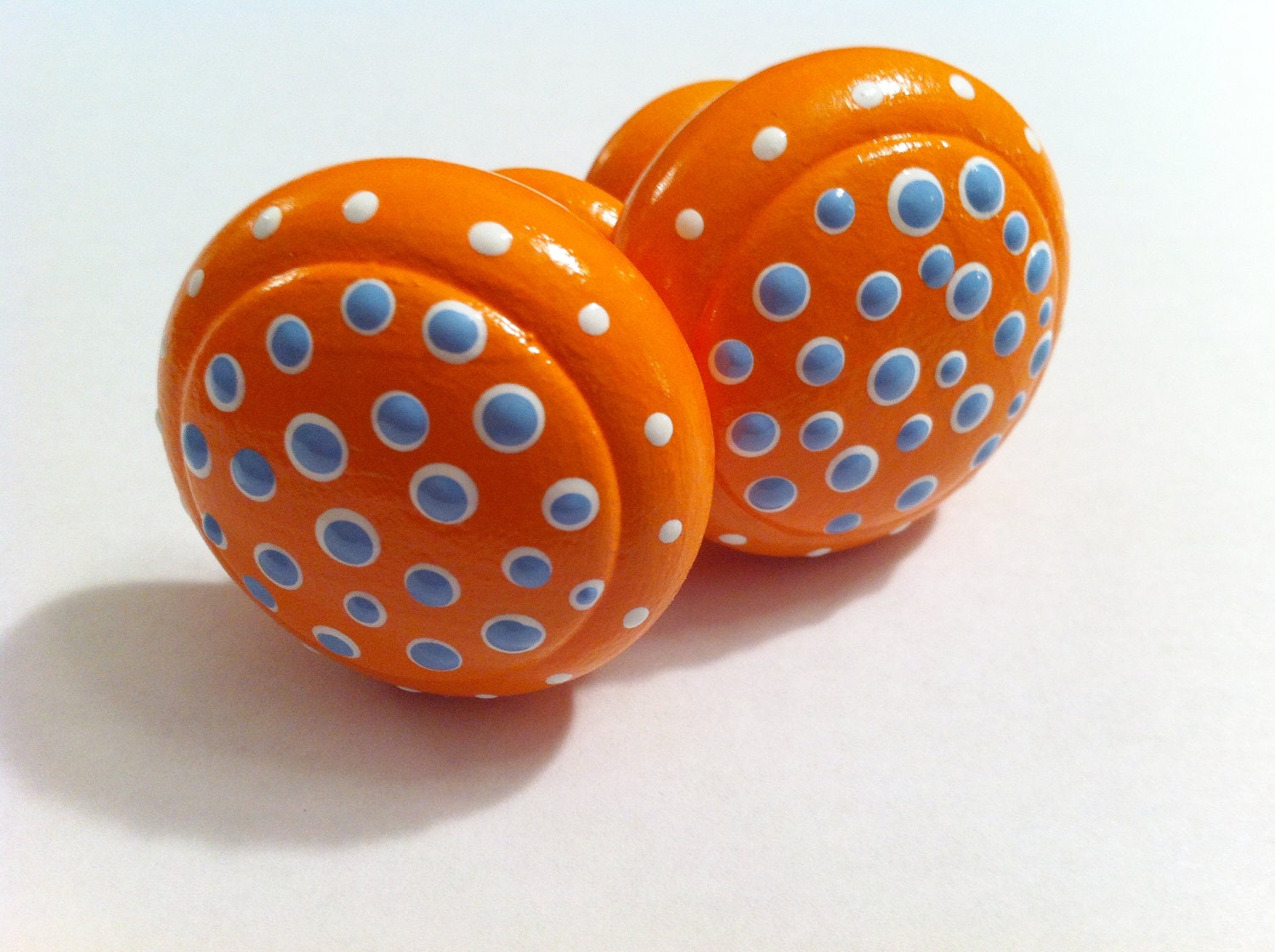Hand Painted Orange Dresser Knobs with Baby Blue Polka Dots.  Pefrect for your child's room or nursery