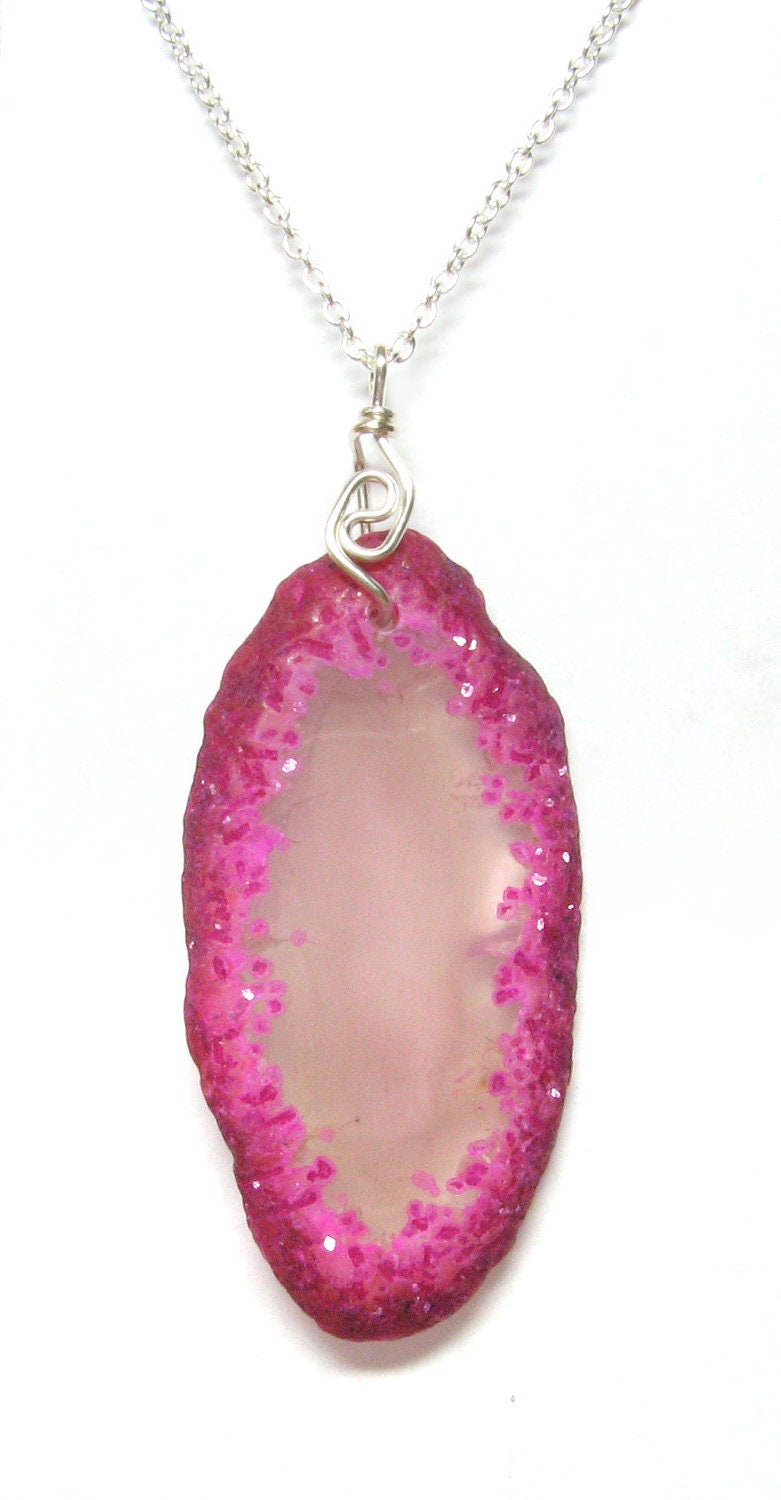 pink-purple agate slice necklace, long chain, silver wire wrapped, stone necklace, long necklace