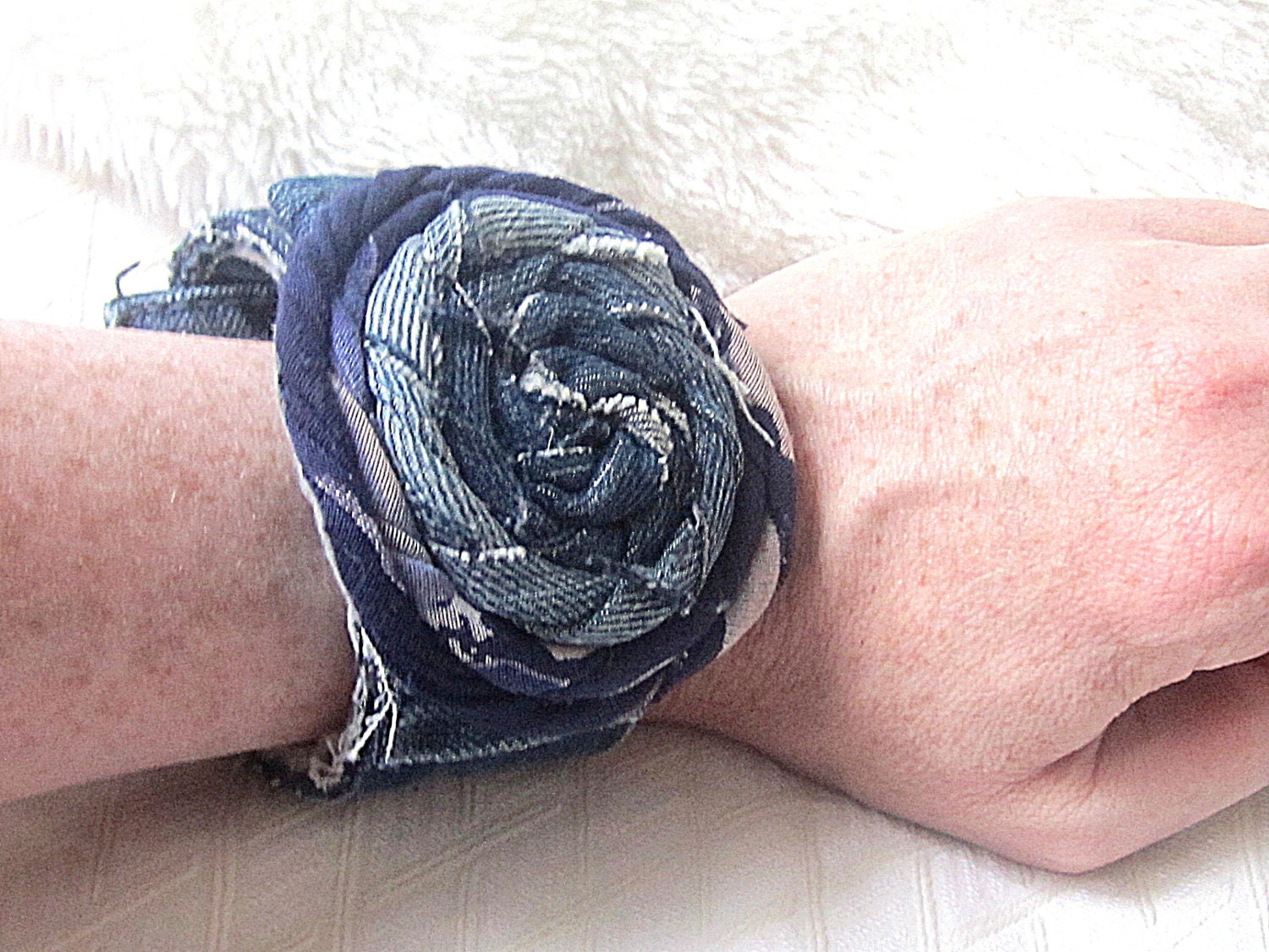 Denim Flower Cuff,  fabric Jewellery, Upcycled Accessory, Repurposed Denim Cuff