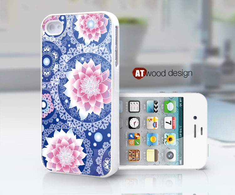 blue background pink flowers unique Hard case Rubber case iphone 4 case iphone 4s case New Iphone 5 case