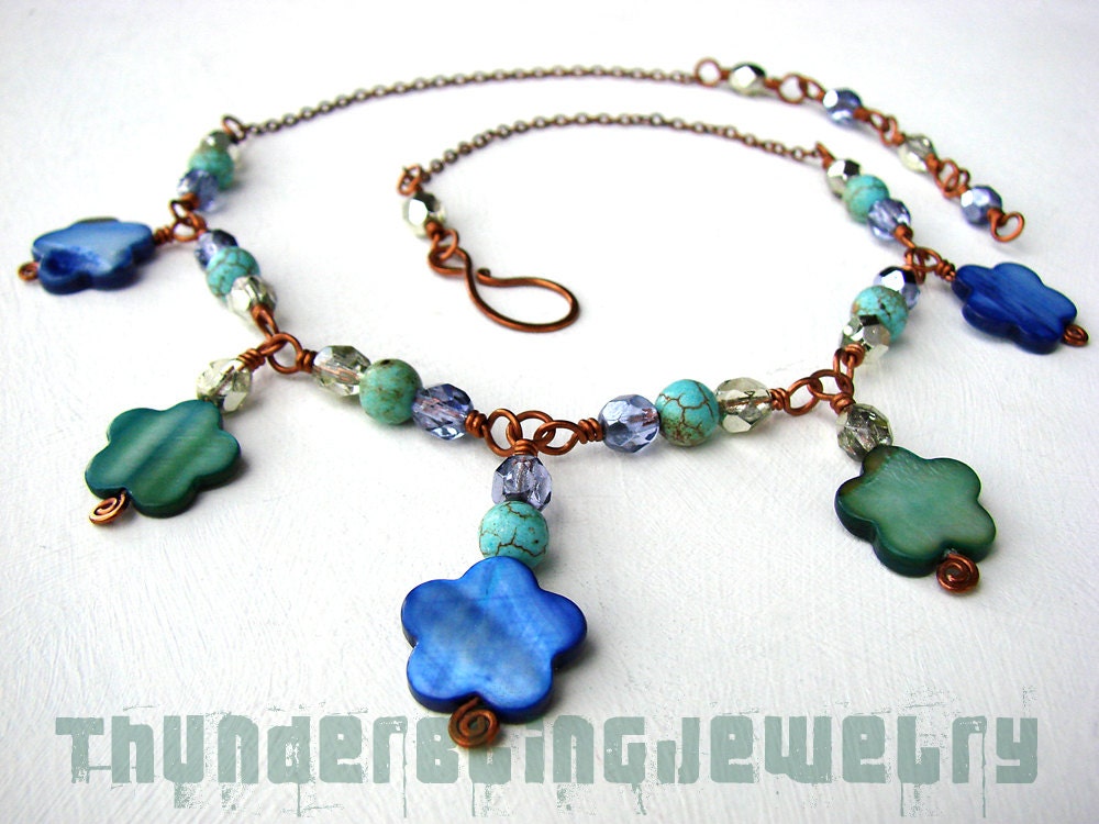 Teal Abalone Copper Necklace: Green, Purple/Blue Mother of Pearl Nacre Flowers, Turquoise Magnesite, Lavender & Mint Crystals, Nickel Free