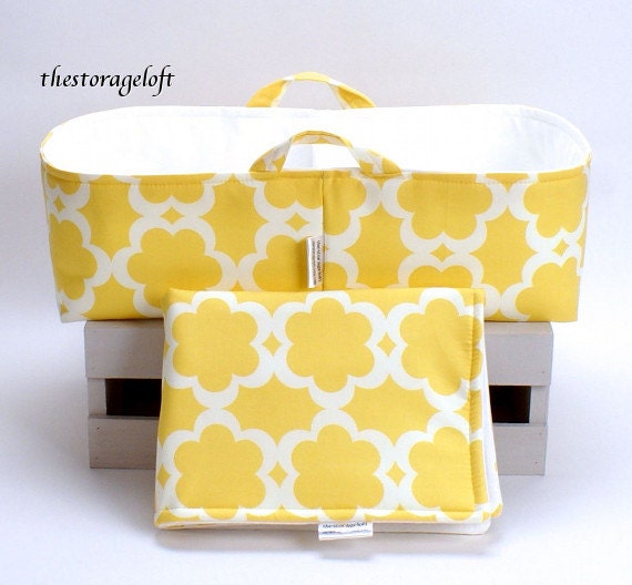 Changing Pad and XL Long Diaper Caddy - Storage Bin Basket Container Organizer - Tarika Yellow Fabric