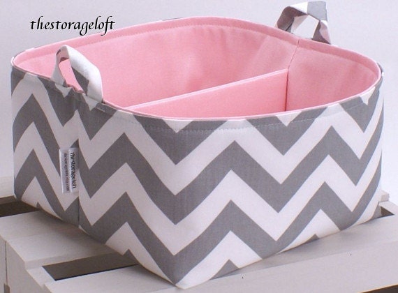 LG 10"x10"x6" Diaper Caddy - Storage Bin Basket Container Organizer - Gray White Chevron Zigzag Fabric