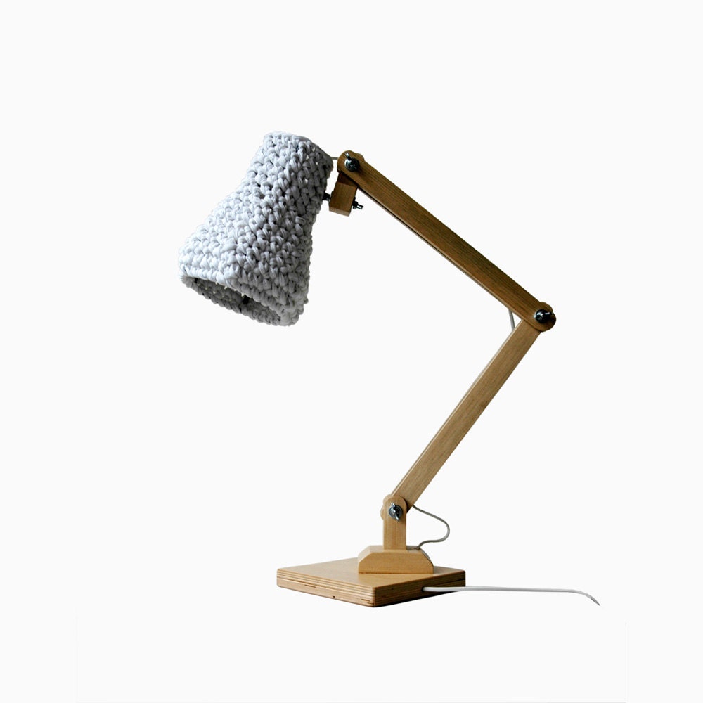 Wooden Table Lamp KUUBO I with Crochet Shade / Modern Desk Light / Unique Eco Lamp / Neutral Design: Wood & Cotton