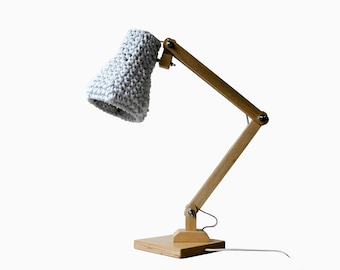 Wooden Table Lamp KUUBO I with Crochet Shade / Modern Desk Light / Unique Eco Lamp / Neutral Design: Wood & Cotton