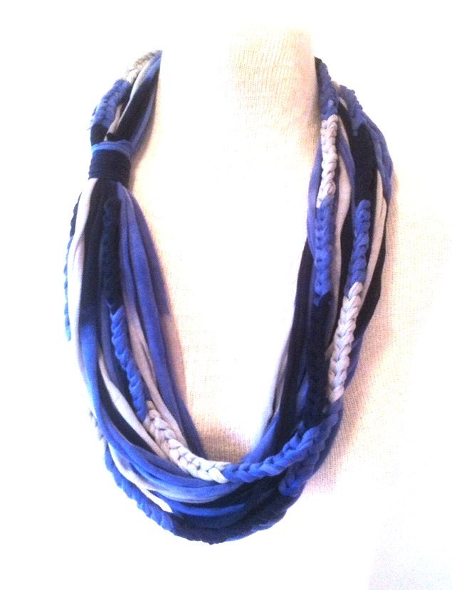 T-Shirt Necklace Braid Scarf in Navy Blue, Med Blue and Grey and Teen Summer T-Shirt Scarves