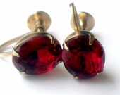 Ruby Red Rhinestone Earrings  Signed TRIAD Screwback 1950s Vintage Collectable Jewelry