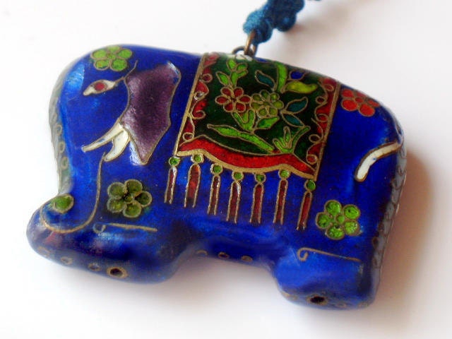 Vintage Enamel Elephant Necklace Cloisonne Pendant Asian East Indian Style Blue 1970s Jewelry