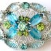 Verified JULIANA Brooch Blue Green Art Glass Rhinestone Domed Scrollwork Rare Vintage High Fashion Pin Jewelry Collectable