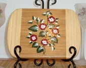 Bamboo Trivet/ Spoon Rest With Red Flowers and Green Leaves