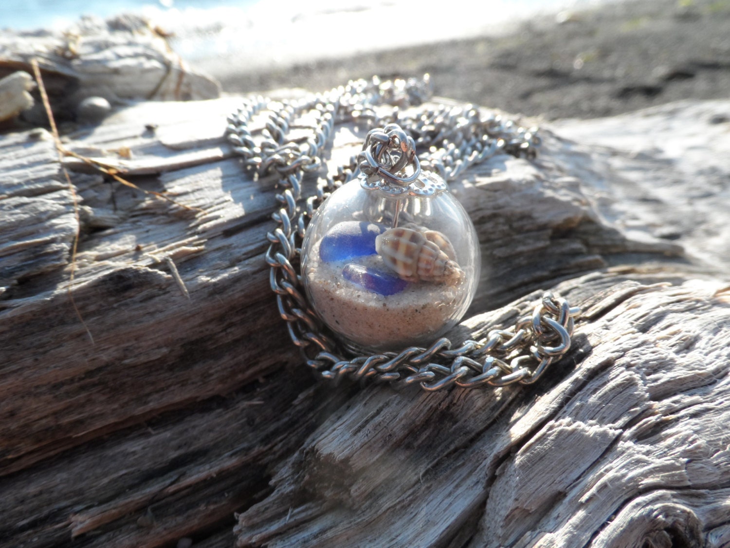 Sapphire Blue Beach Glass Terrarium Necklace