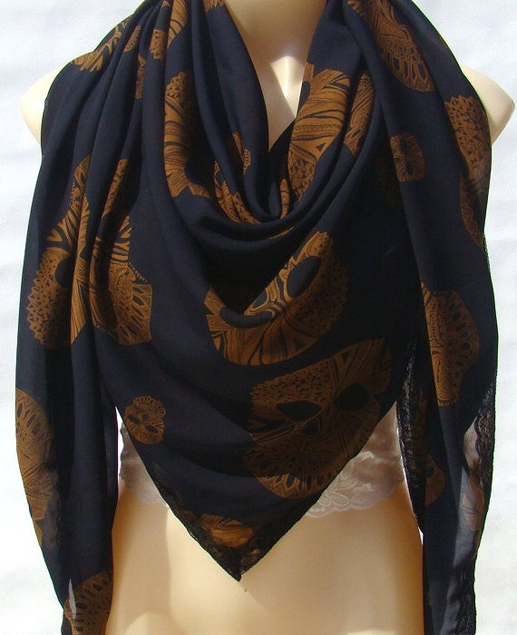 New Fashion Chiffon skull scarf, blue brown lace scarf, shawl, soft comfort women's accessories