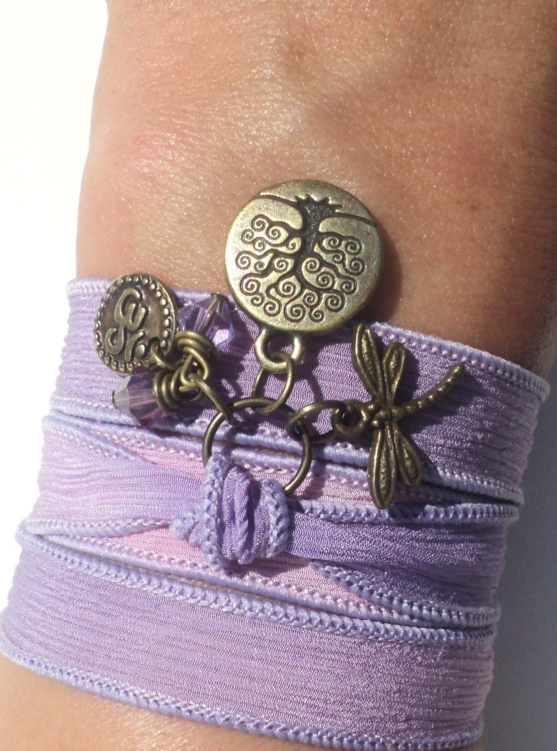 Tree of Life Dragonfly Silk Wrap Bracelet Yoga Jewelry Om Namaste Purple Bohemian Jewelry Earthy Unique Gift Under 50 Item Z21