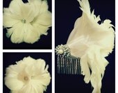 Feather Flower Bridal Fascinator with Vintage Swarovski Rhinestone Center Setting in Ivory