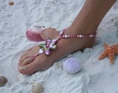 Barefoot Sandal - Big Flower with Pink Pearls, Crystals and various pink beads - moodyelizabeth