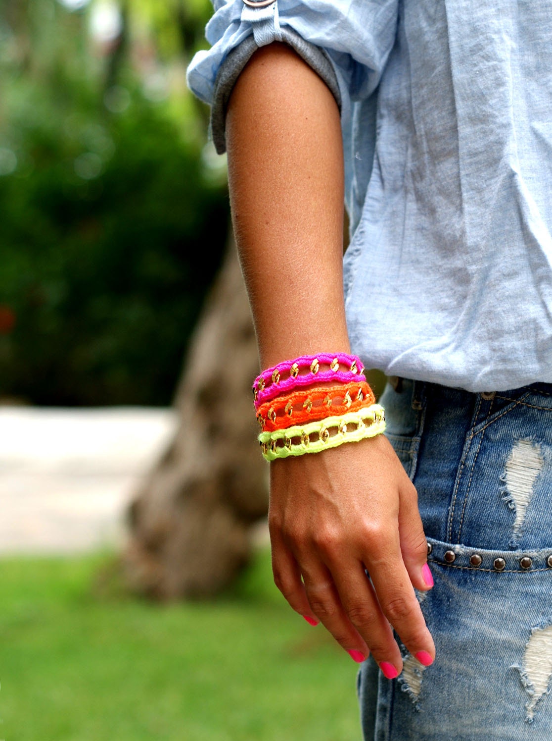 Chunky Chain & Color Bracelet. Bright Neon Palette.