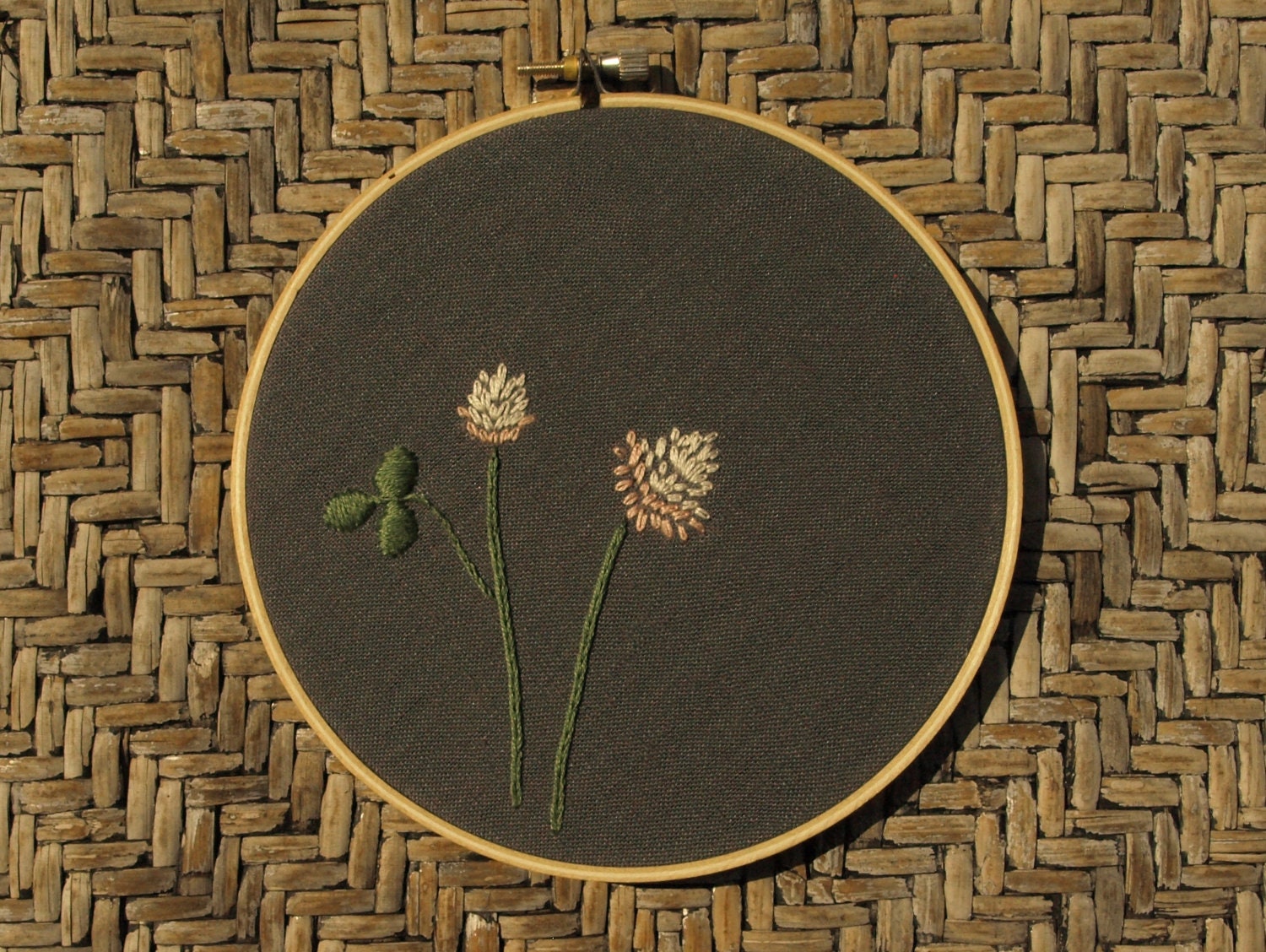 Hand embroidered clover wall art ready to hang in 5" wooden embroidery hoop