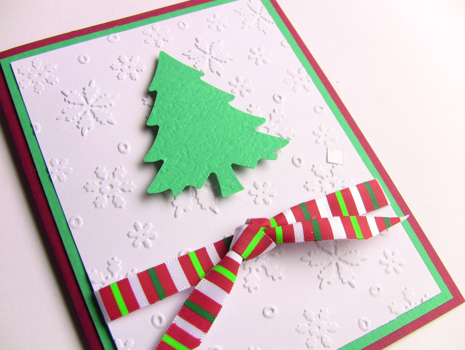 4 Handmade Christmas Cards, Christmas Tree on Embossed Field of Snow