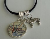 Zebra Pendant Necklace World Map of Any Location Silver or Black Suede Chain