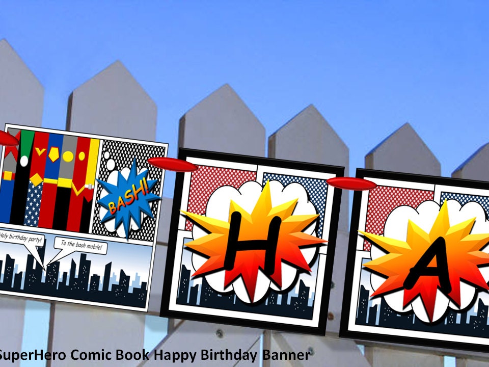 Happy Birthday Banner - SuperHero Comic Book - Inspired by DC Justice League - DIY Printable Party Decorations Il_570xn