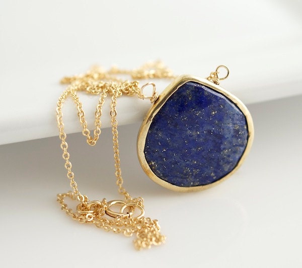 Lapis Necklace, Lapis Pendant, Vermeil Rimmed Pendant