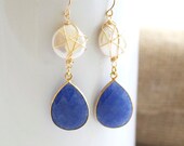 Blue Onyx and Freshwater Pearl Dangle Earrings, Bezel Set Earrings, Bridal Jewelry