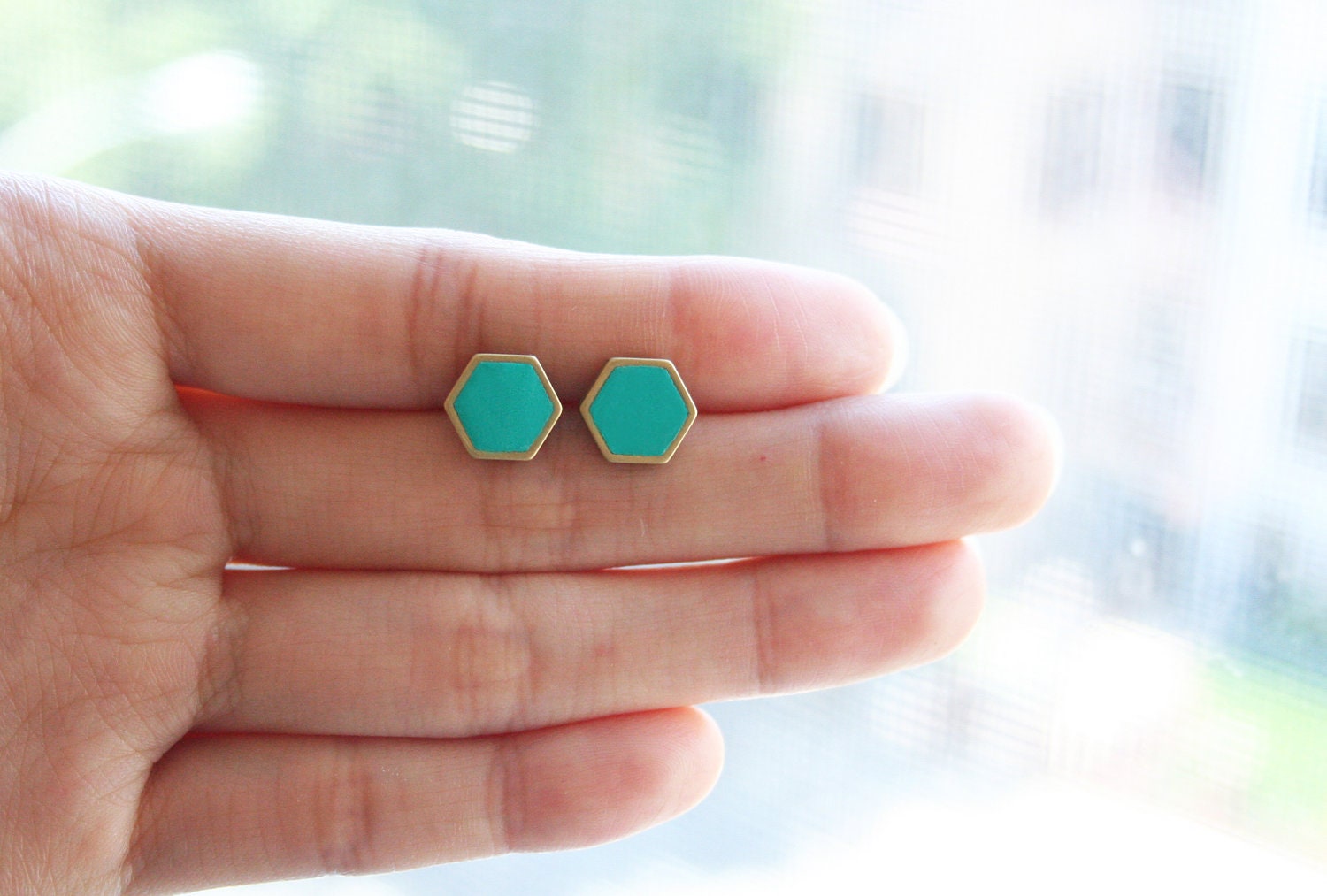 Turquoise Geometric hexagon stud earrings
