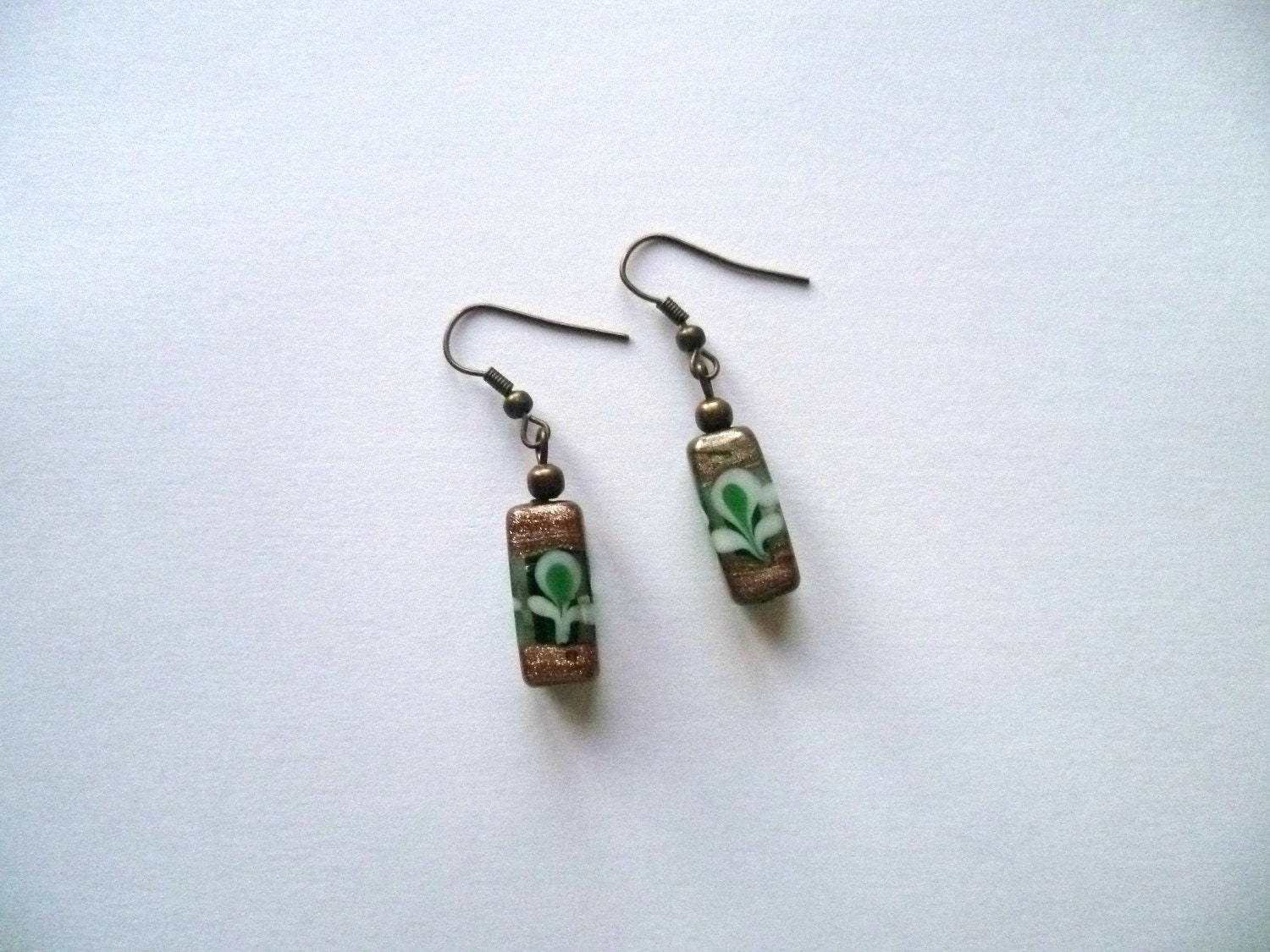 Dangle Green Earrings. Glass Green and Bronze Coloured Bead Dangle earrings. Fall/Autumn Jewellery
