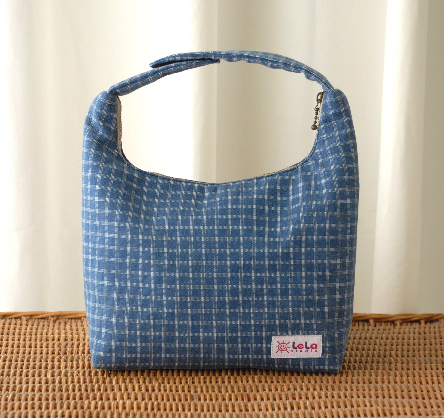 SALE Lunch Bag Insulated, Fabric Lunch Bag, Women Lunch Bag,Boys Lunch Bag-Japanese Style Indigo Small White Checker